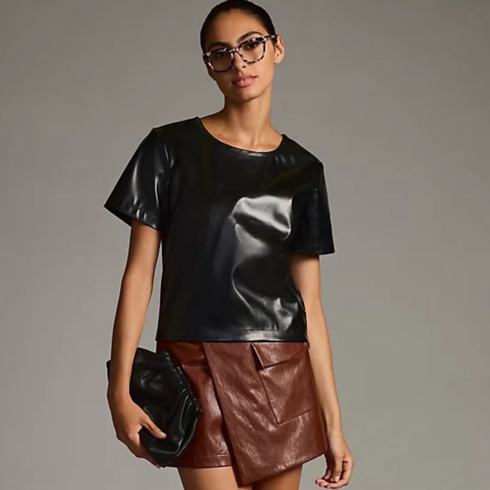 NWT Porridge for Anthropologie Collin Black Faux Leather Short Sleeve Top